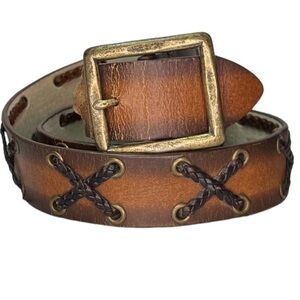 Genuine Bonded Leather Whipstich Wide Belt Brass Buckle Western Boho Casual